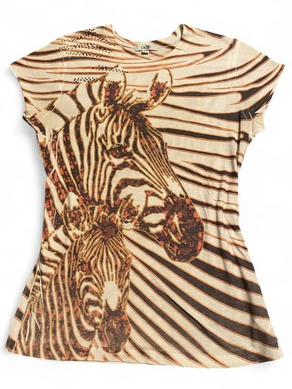 Cache Beige & Brown Zebra Graphic Short Sleeve Tee With Rhinestone Detail